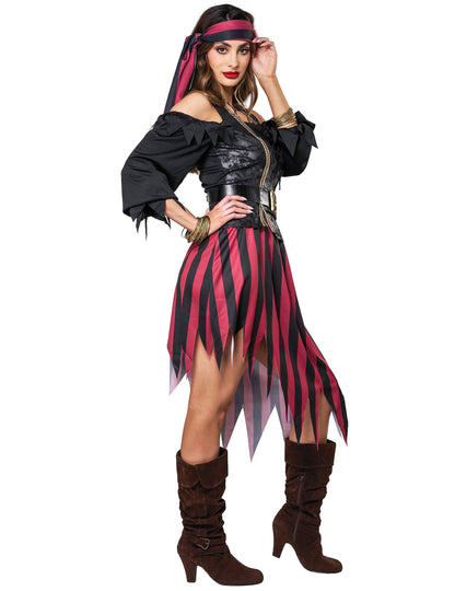 Vue de profil du déguisement pirate rebelle pour femme