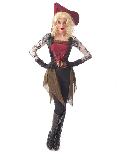 Déguisement de pirate tatouée pour femme noir et rouge avec manches à motifs tatouages