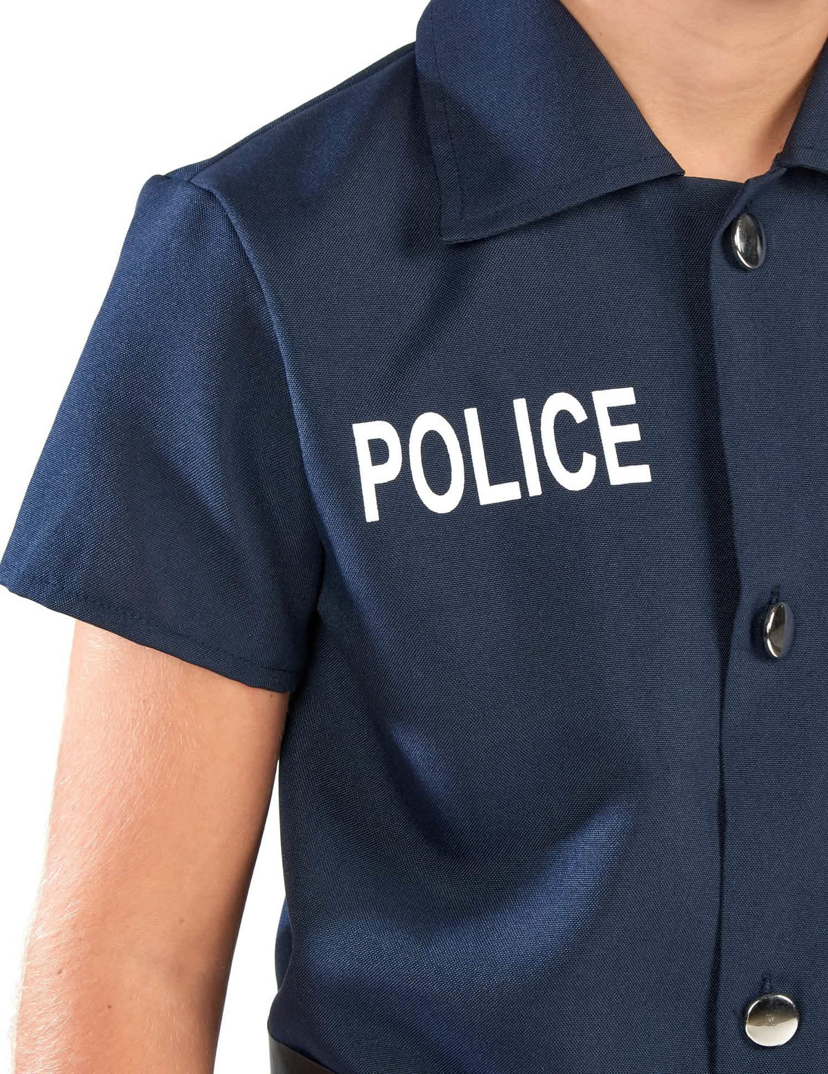 Détail de l'inscription POLICE du déguisement de policier à manches courtes pour enfant