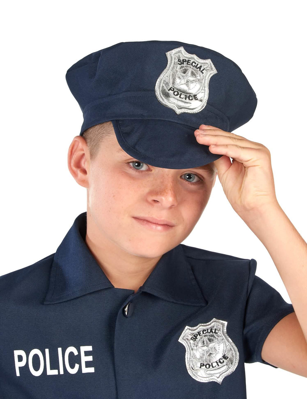 Gros plan sur la casquette et le buste du déguisement de policier à manches courtes pour enfant