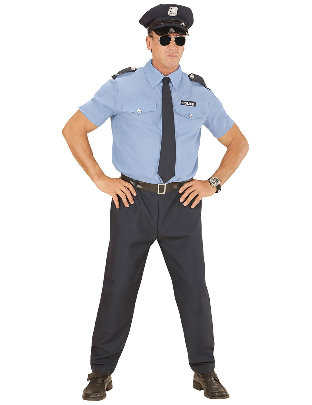 Eteisnäkymä poliisin naamiaisasusta miehet