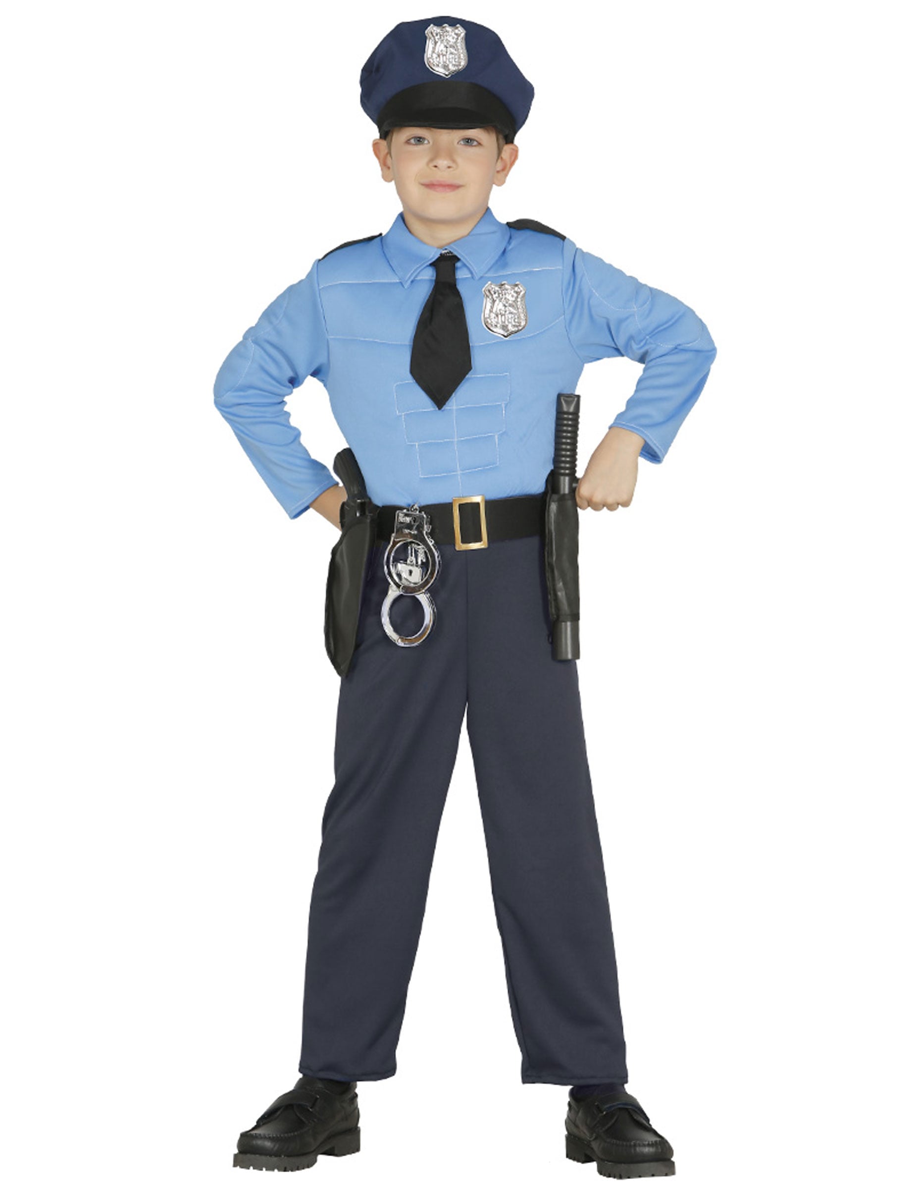 Déguisement de policier musclé pour garçon bleu ciel et bleu marine avec casquette et accessoires