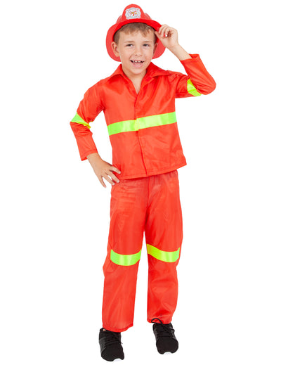 Déguisement de pompier pour enfant rouge avec bandes réfléchissantes et casque