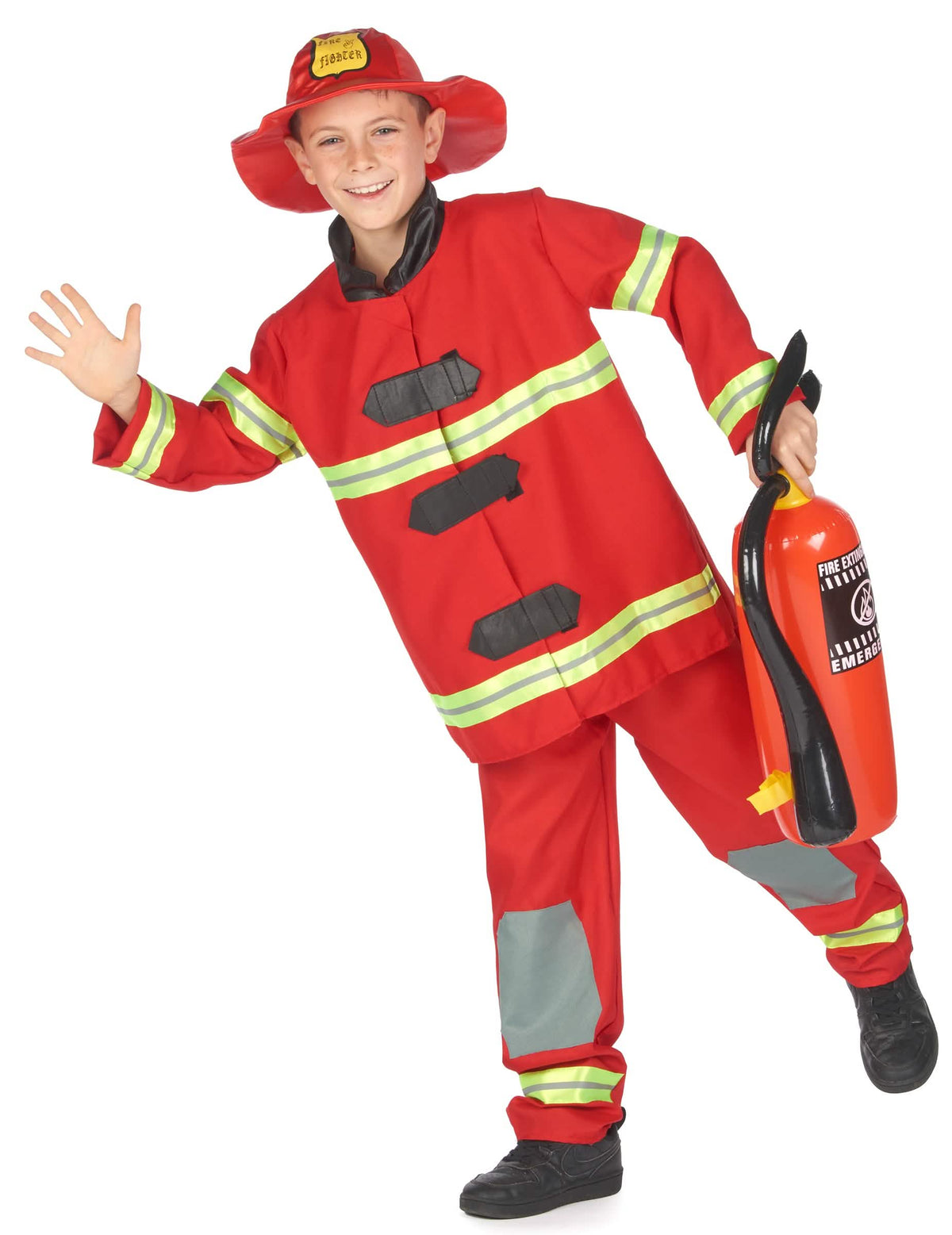 Pose dynamique du déguisement de pompier pour enfant rouge