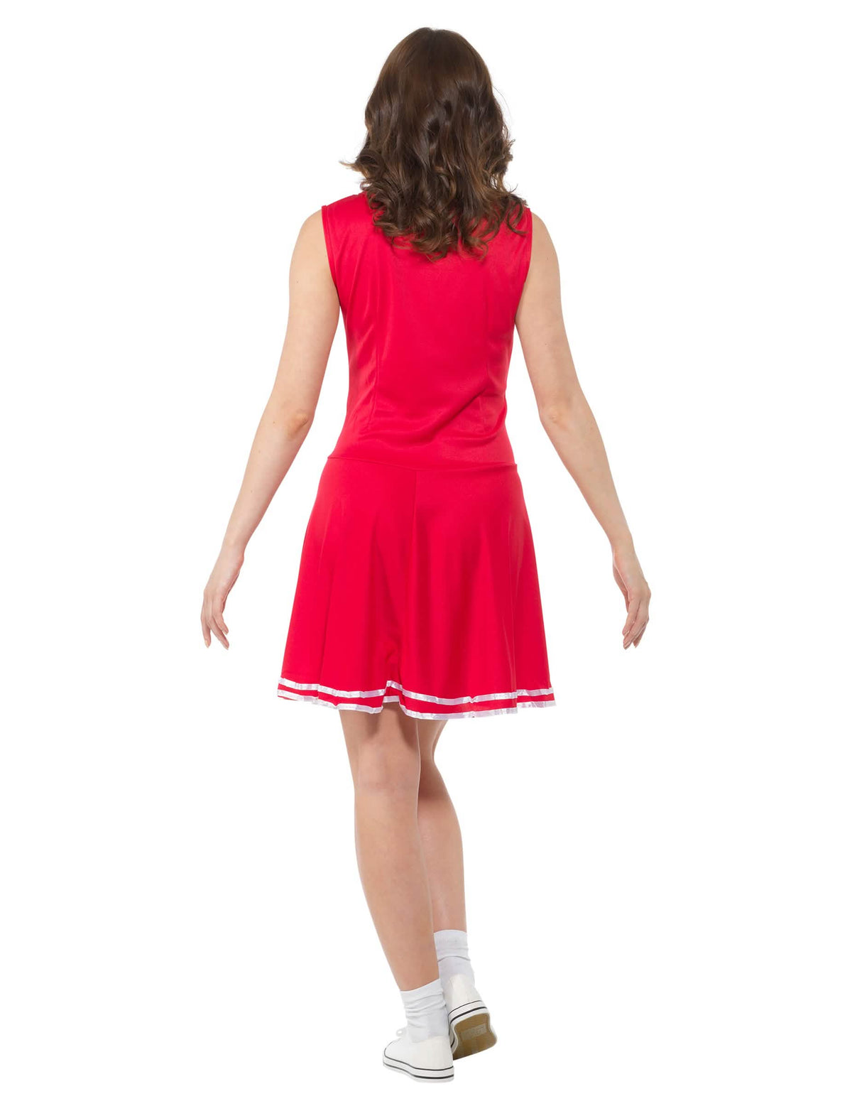 Vue de dos du déguisement pompom girl pour femme rouge avec inscription CHEERS