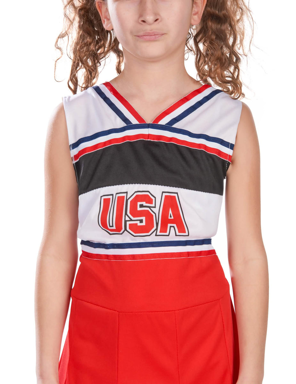 Lähikuva naamiaisasun usa-logosta usa-pompom-tytölle