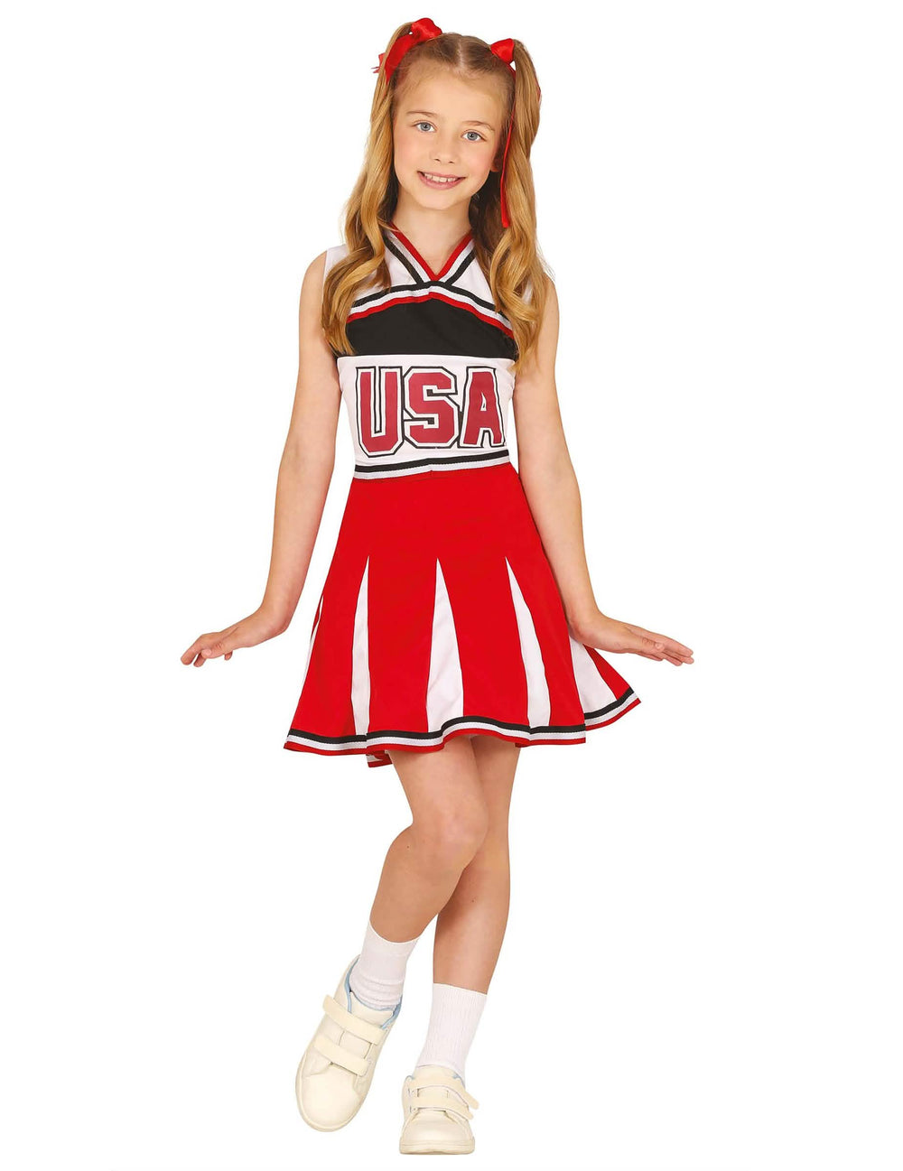 USA-tyttöjen punainen ja valkoinen cheerleader-asu, jossa on usa-logo