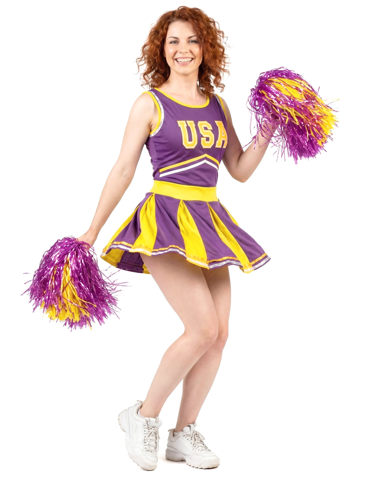 Pompom-tyttö naamiaisasu USA violetti ja keltainen naiset