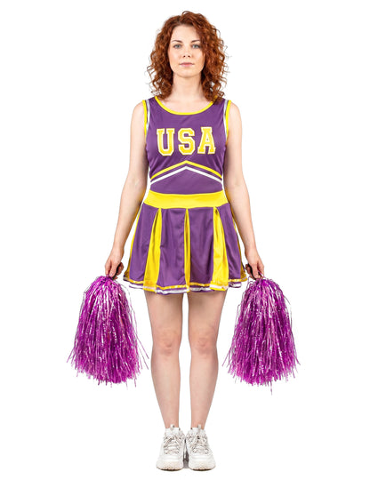 Pompom-tyttö naamiaisasu USA violetti ja keltainen naiset
