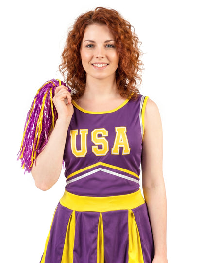 Pompom-tyttö naamiaisasu USA violetti ja keltainen naiset