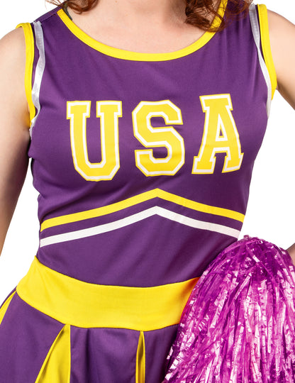 Pompom-tyttö naamiaisasu USA violetti ja keltainen naiset