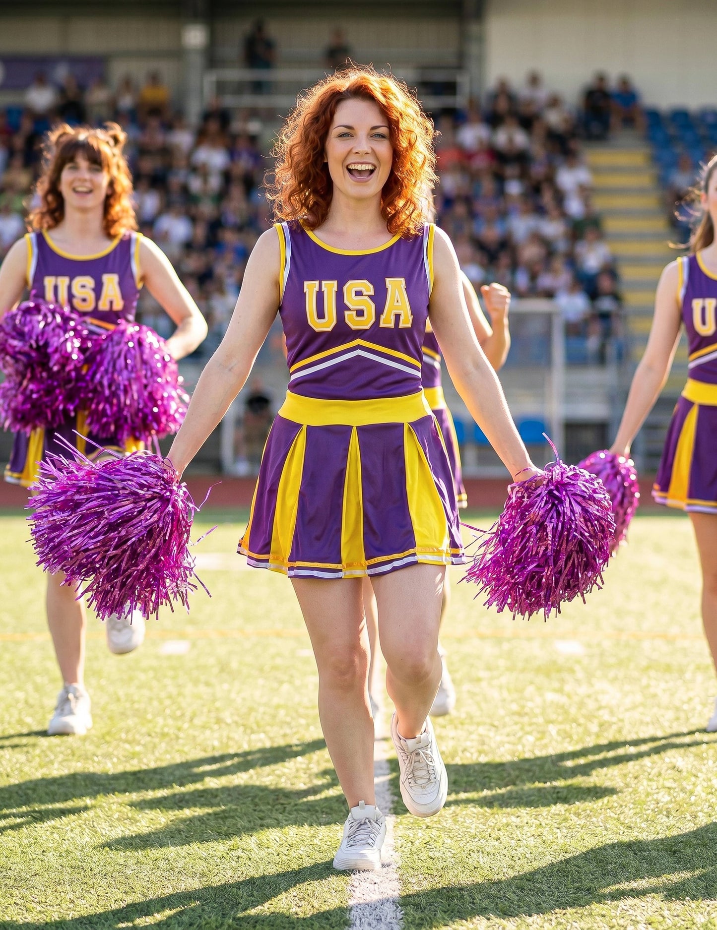 Pompom-tyttö naamiaisasu USA violetti ja keltainen naiset