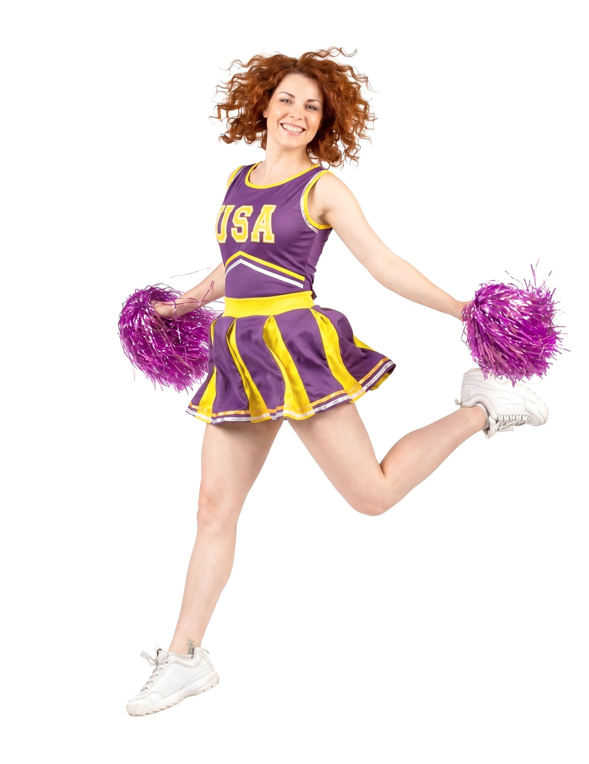 Pompom-tyttö naamiaisasu USA violetti ja keltainen naiset