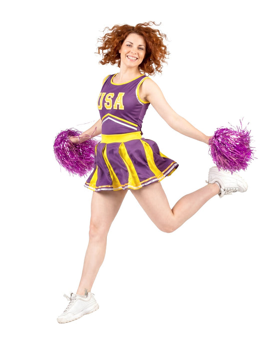 Pompom-tyttö naamiaisasu USA violetti ja keltainen naiset