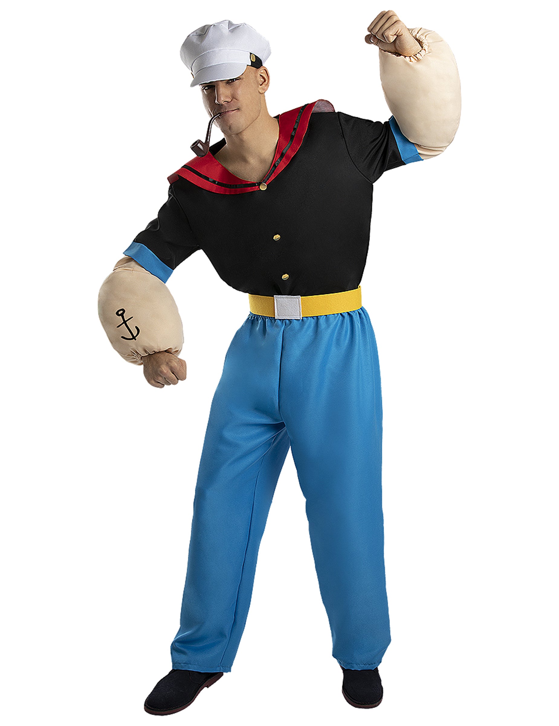 Déguisement de Popeye pour adulte noir et bleu avec muscles rembourrés et casquette de marin