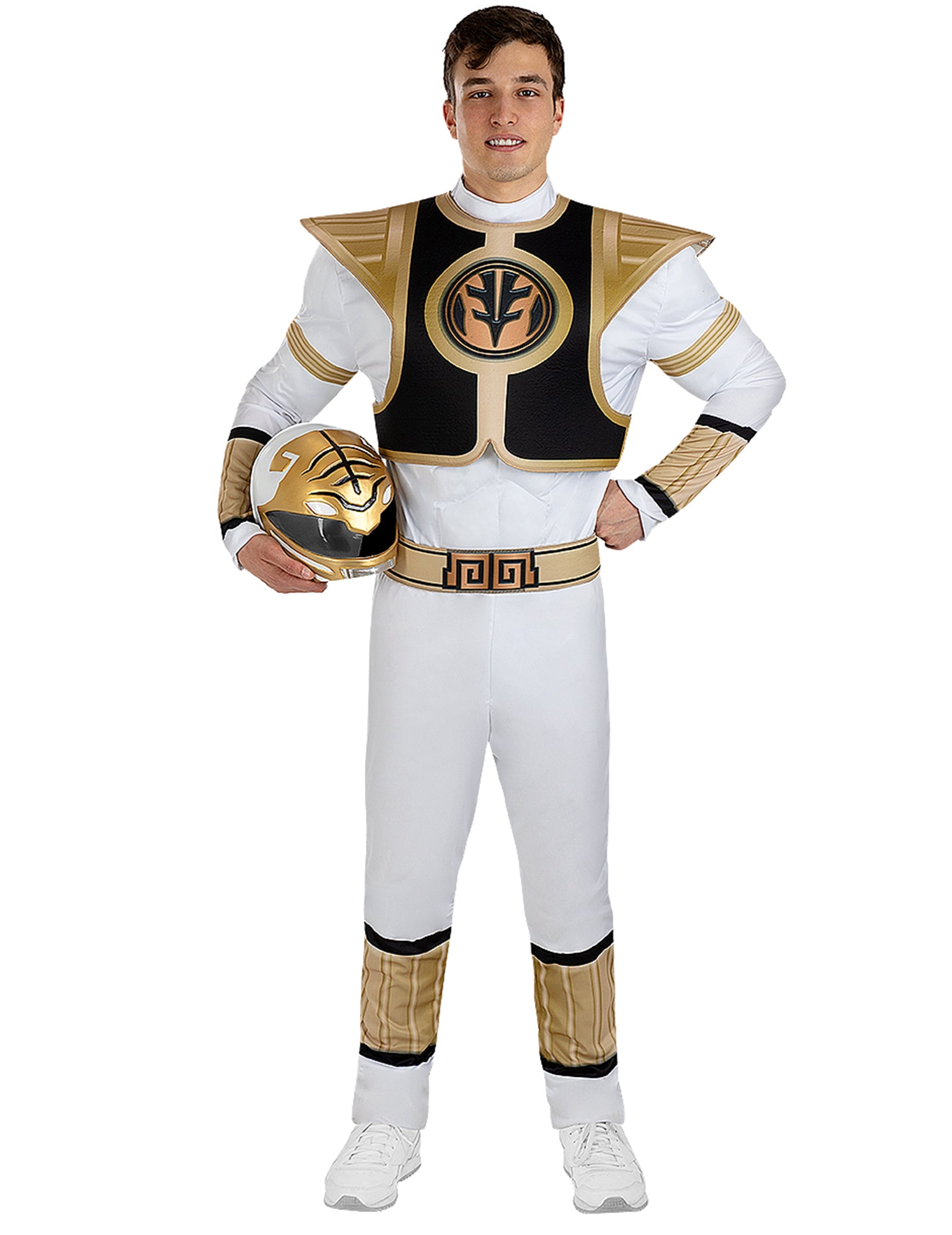 Vue de face sans masque du déguisement Power Ranger blanc pour adulte