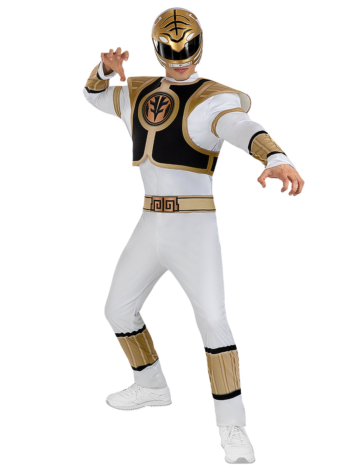 Déguisement Power Ranger blanc pour adulte avec détails dorés et masque