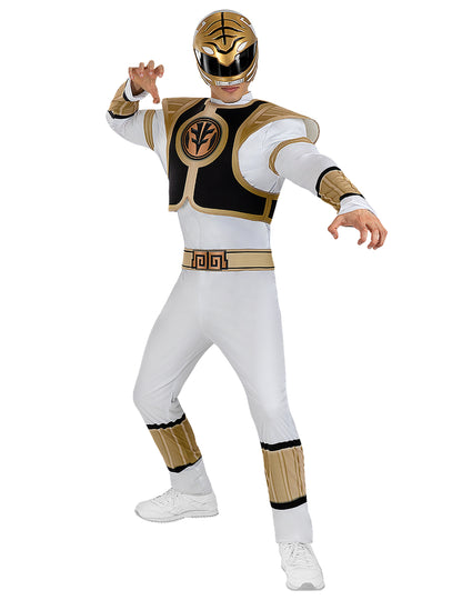 Déguisement Power Ranger blanc pour adulte avec détails dorés et masque