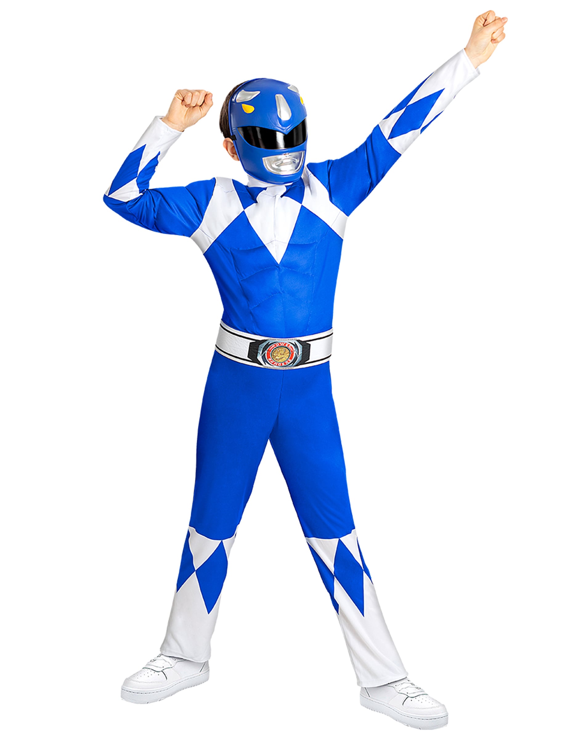 Vue en action du déguisement Power Ranger™ pour enfant bleu et musclé