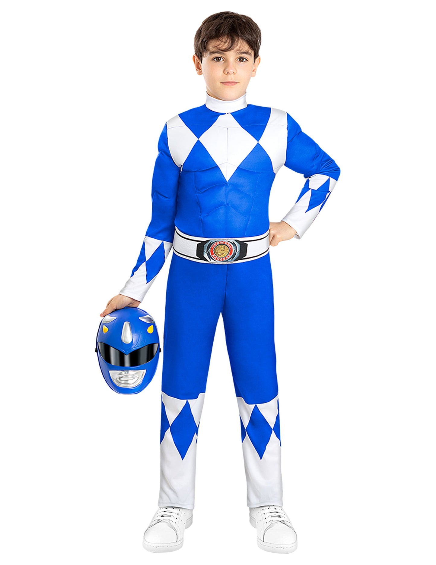 Vue du casque bleu tenu à la main du déguisement Power Ranger™