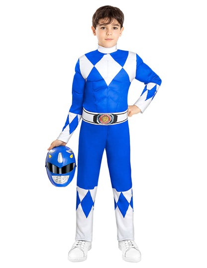 Vue du casque bleu tenu à la main du déguisement Power Ranger™