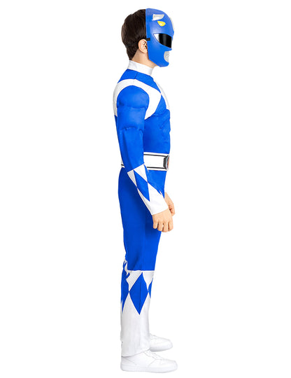 Vue de profil du déguisement Power Ranger™ pour enfant bleu et musclé