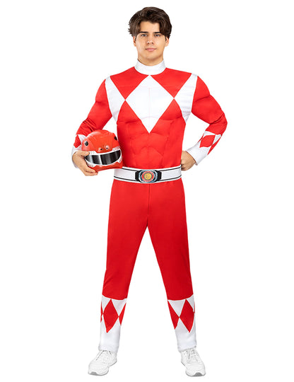 Vue d'ensemble avec casque à la main du déguisement Power Ranger™ rouge