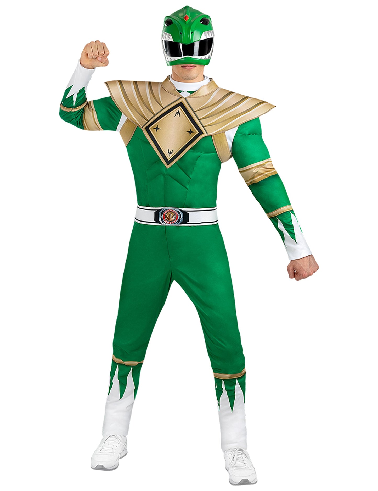 Déguisement Power Ranger vert pour adulte vert et doré avec masque