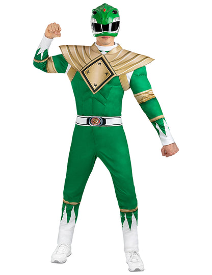 Déguisement Power Ranger vert pour adulte vert et doré avec masque
