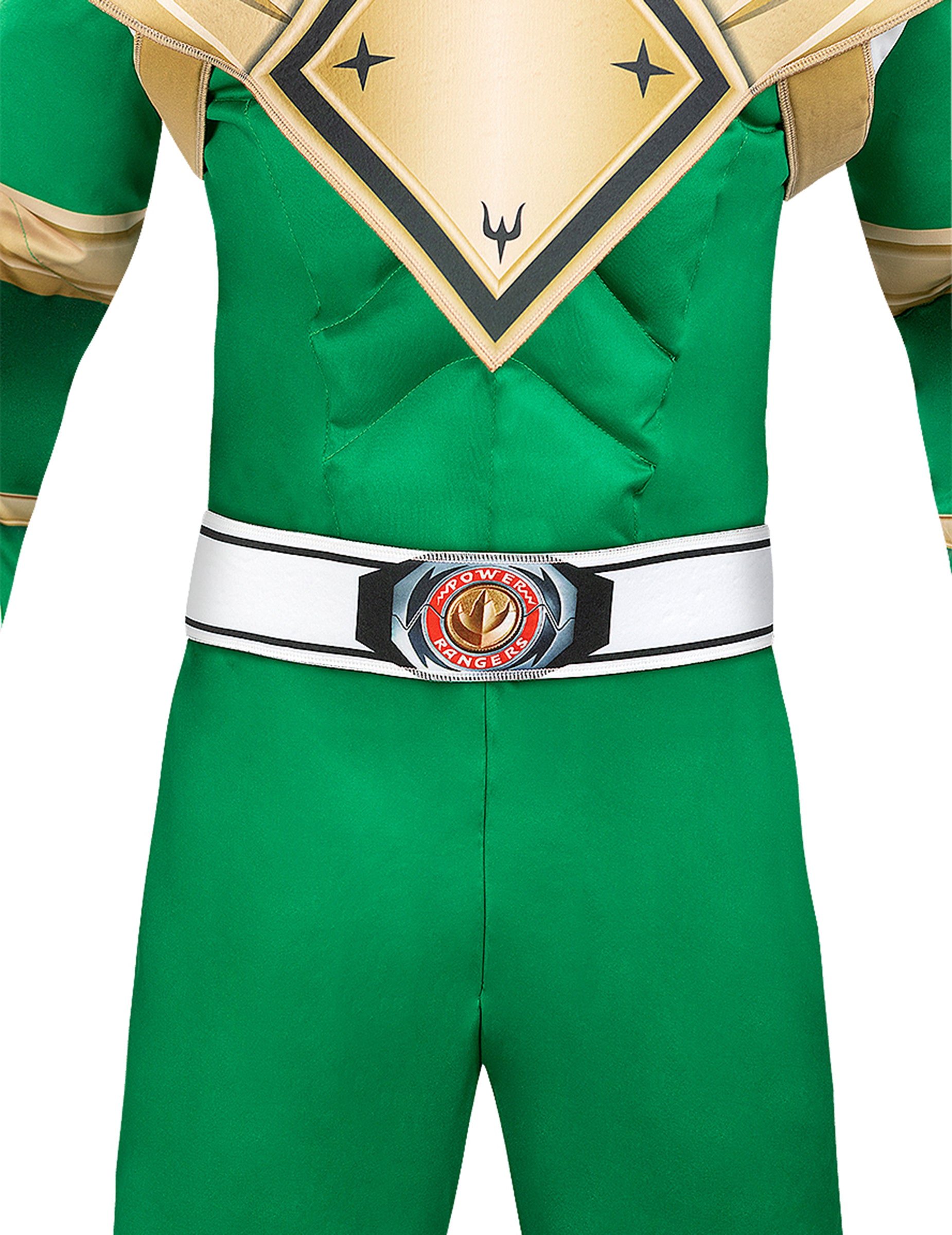 Gros plan sur la ceinture et le plastron du déguisement Power Ranger vert