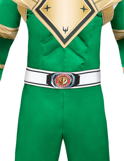 Gros plan sur la ceinture et le plastron du déguisement Power Ranger vert