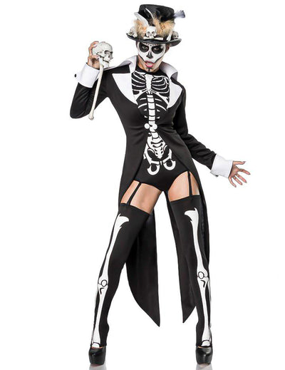 Déguisement prêtresse squelette sexy luxe pour femme noir et blanc avec chapeau haut-de-forme