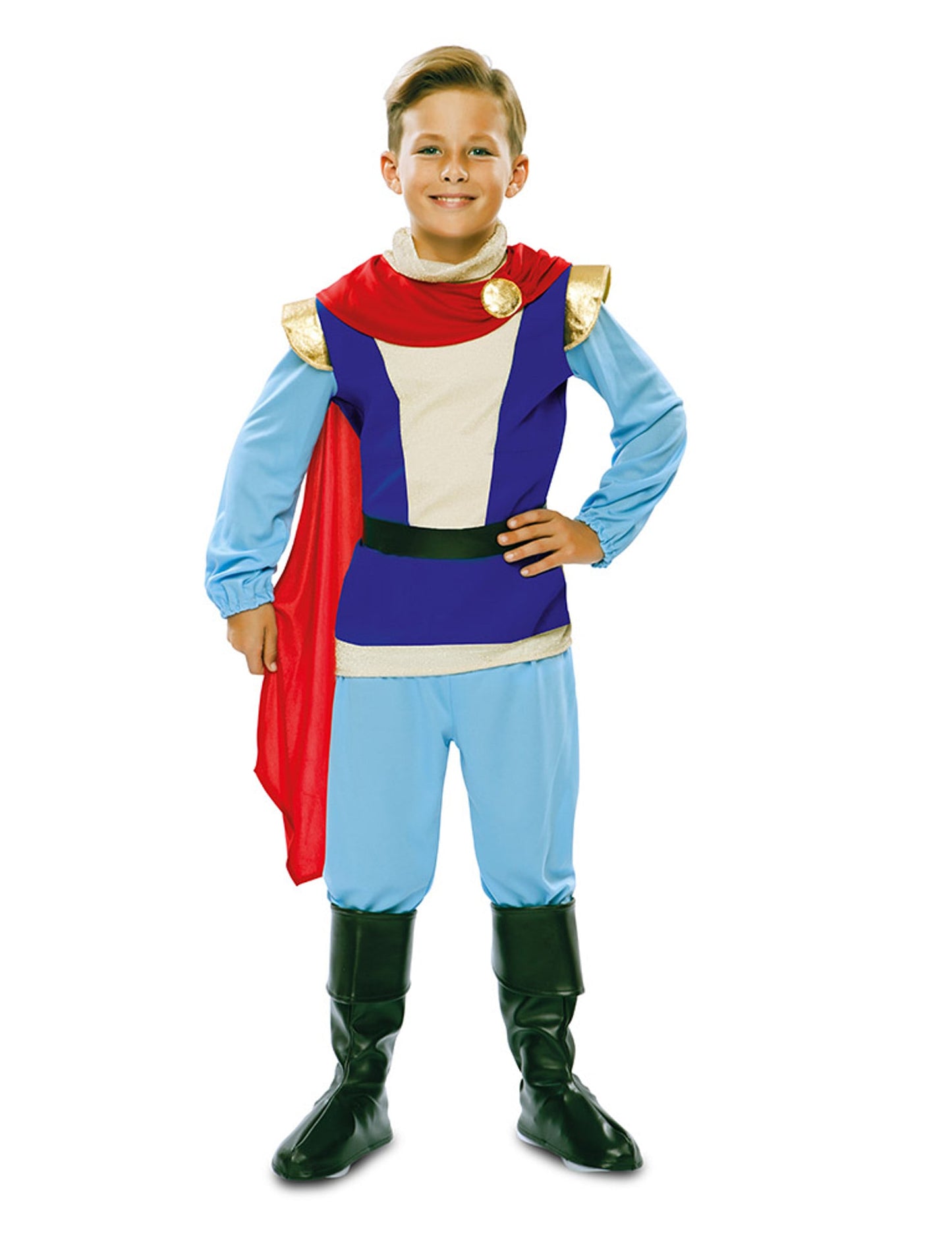 Déguisement de prince charmant pour enfant bleu et rouge avec cape et détails dorés