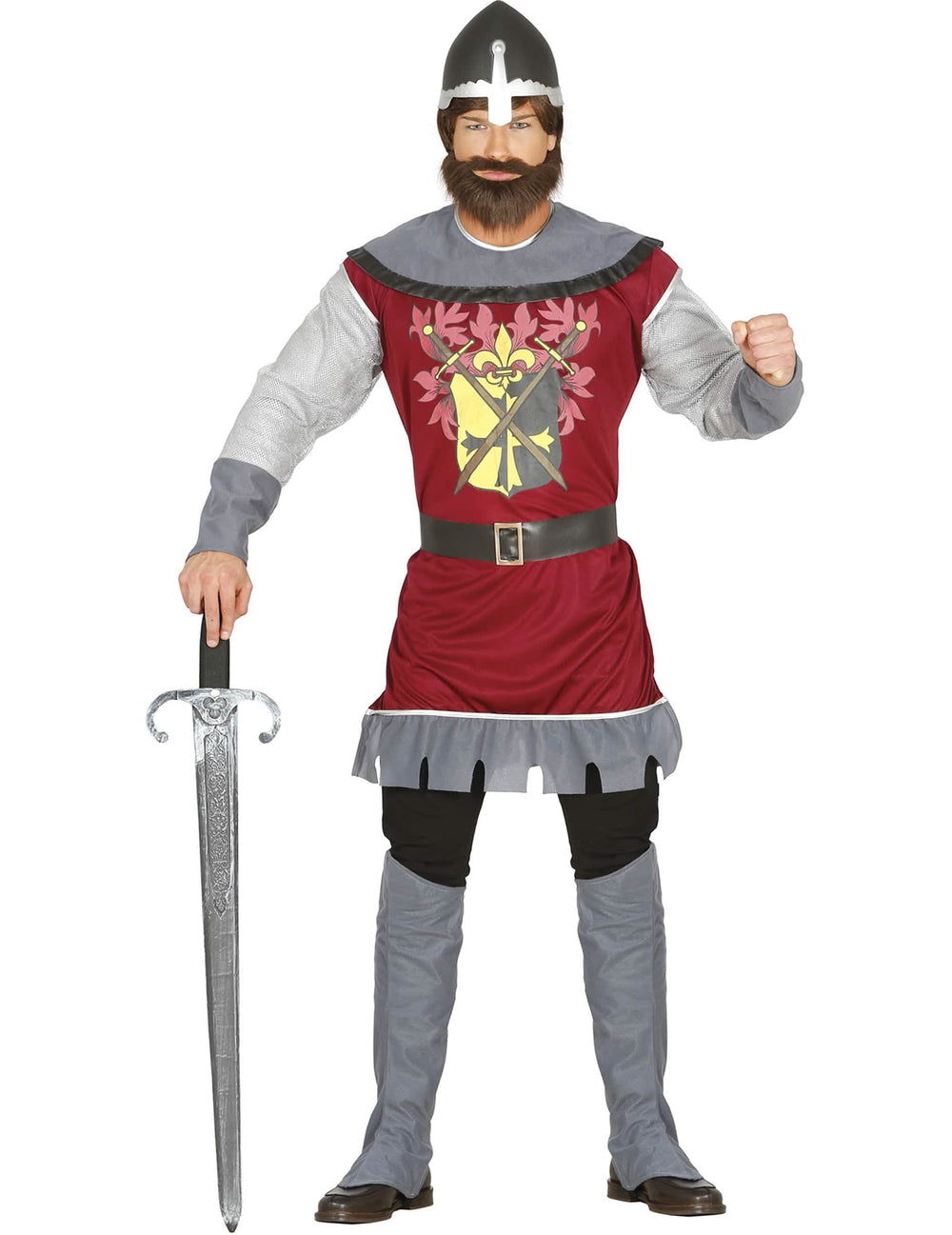 Déguisement prince chevalier pour adulte bordeaux et gris avec casque