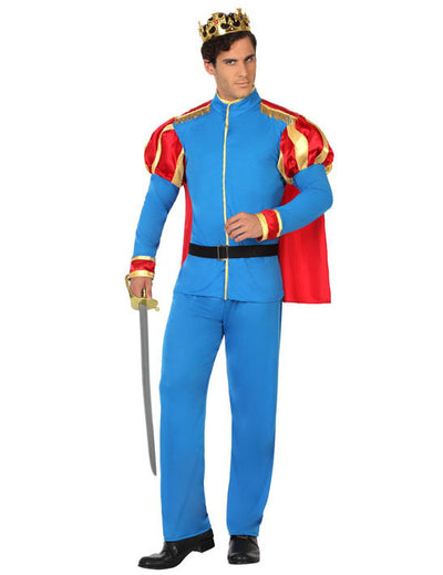 Déguisement de prince royal pour homme bleu avec cape rouge et couronne dorée