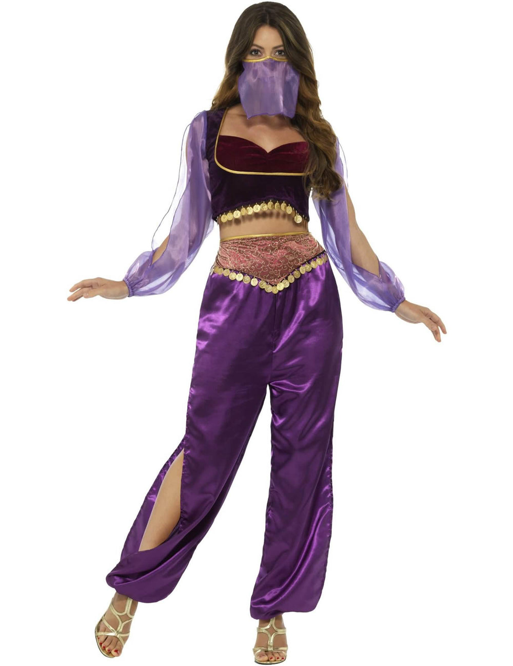 Arabian-prinsessan asu naisille, violetti, hunnulla ja kultaisilla paljeteilla