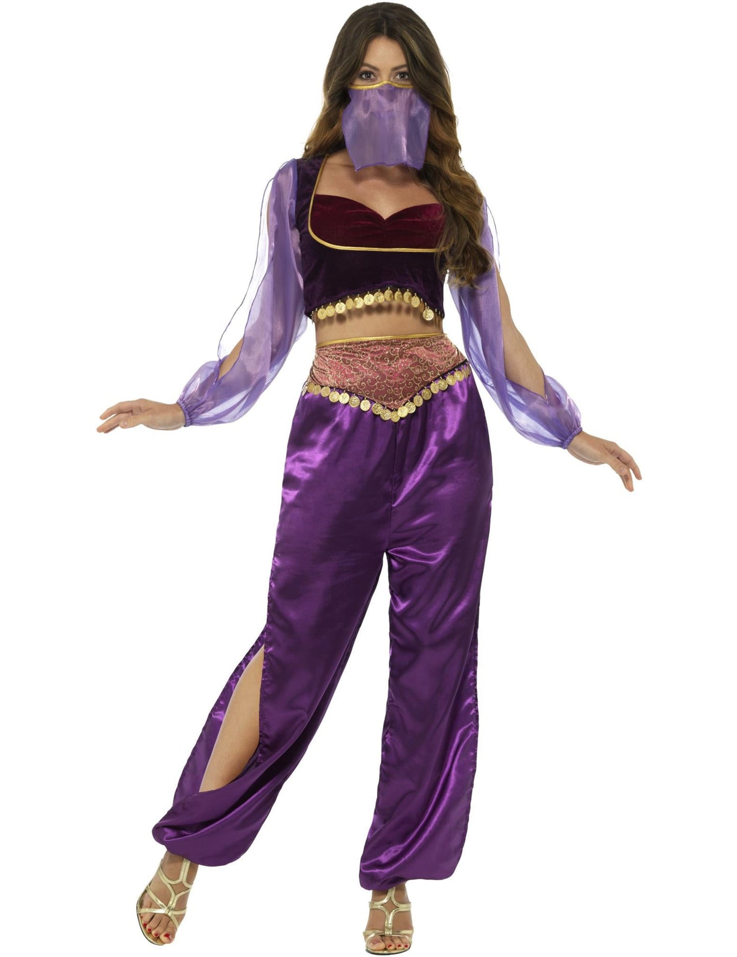 Déguisement de princesse arabe pour femme violette avec voile et sequins dorés