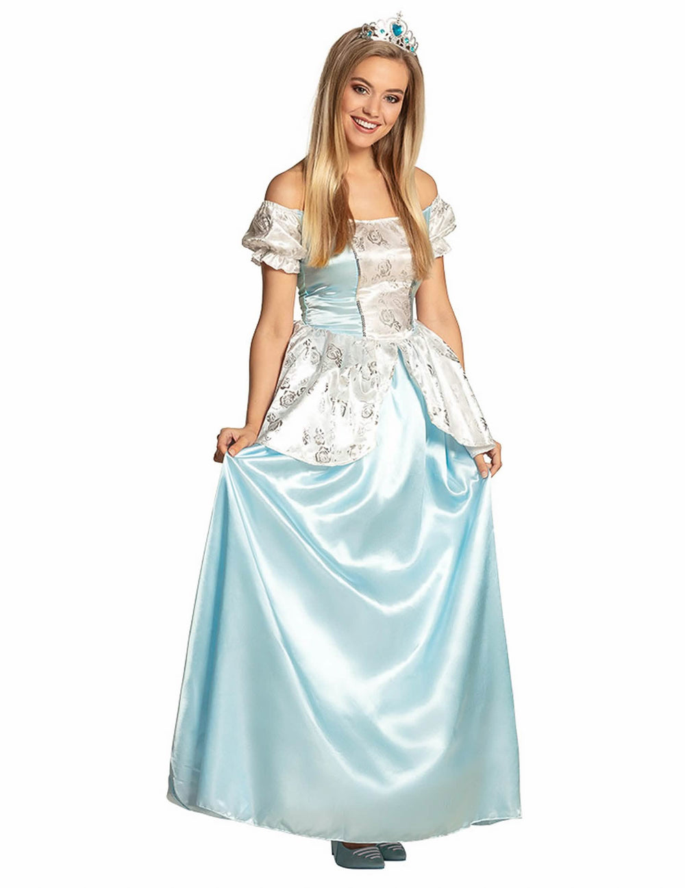 Tuhkimo-prinsessapuku naisille, sininen satiininen, diademilla