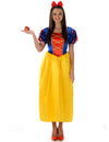 Déguisement princesse de conte de fée pour femme bleu jaune et rouge avec serre-tête nœud