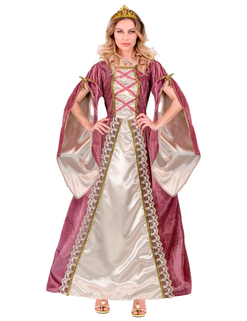 Déguisement de princesse médiévale pour femme rose et blanche avec couronne dorée