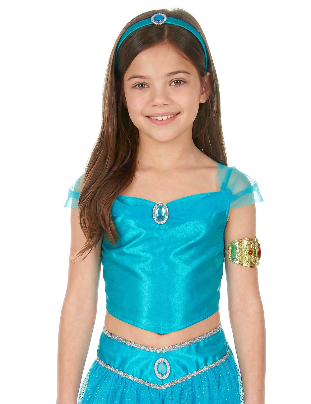 Gros plan sur le buste et les accessoires du déguisement de princesse orientale pour fille