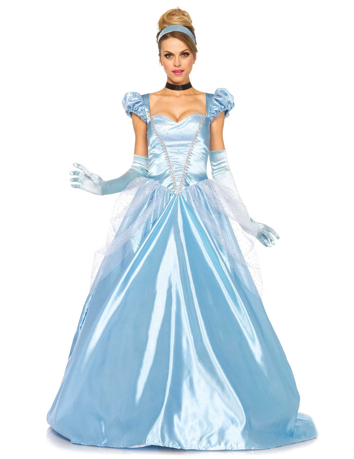 Déguisement de princesse pour femme bleu satiné avec gants et serre-tête