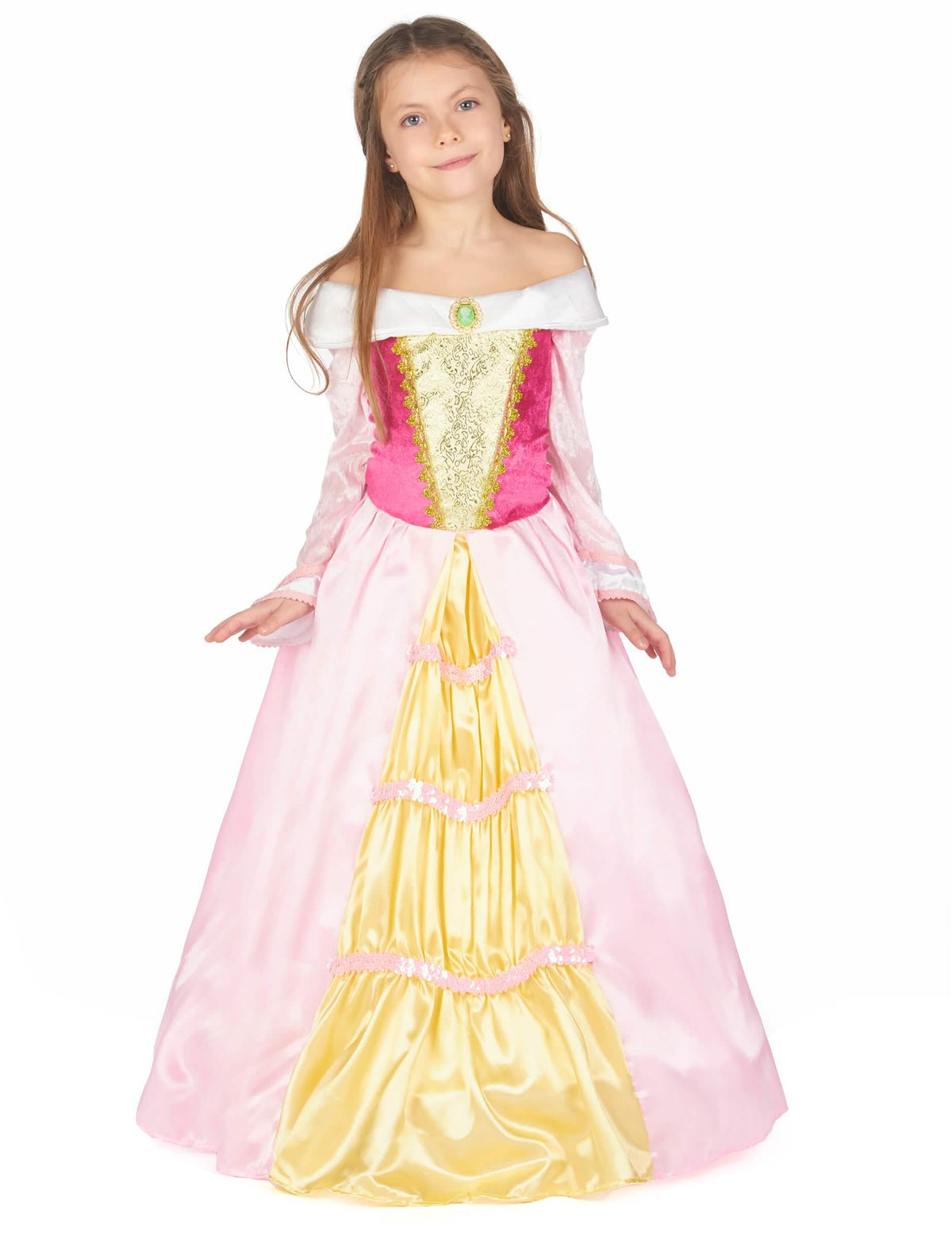 Déguisement de princesse pour fille robe satinée rose et jaune