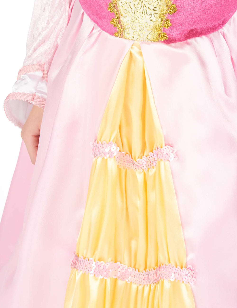 Détail du jupon jaune et des sequins du déguisement princesse robe satinée