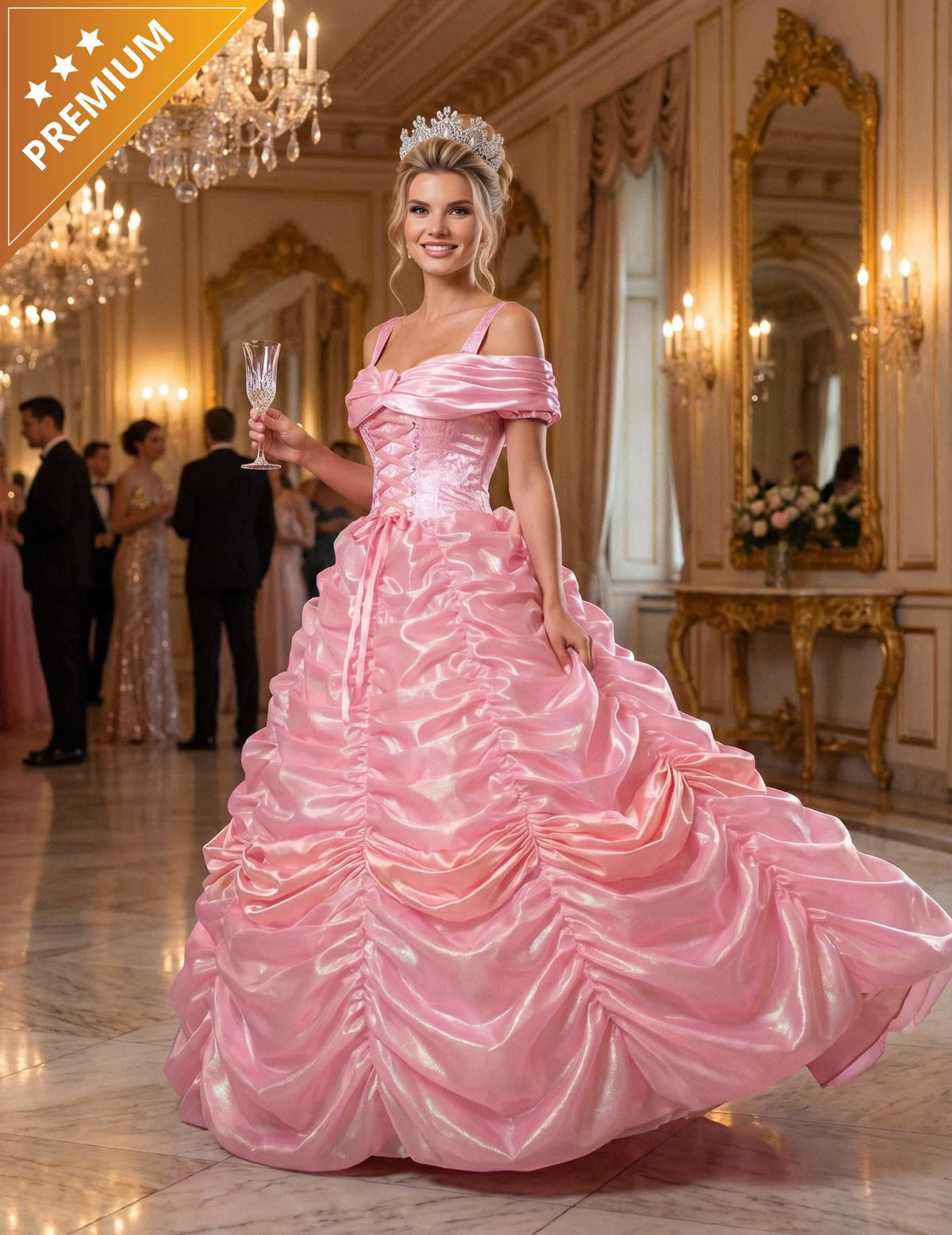 Korkealaatuinen vaaleanpunainen prinsessa-asu naisille