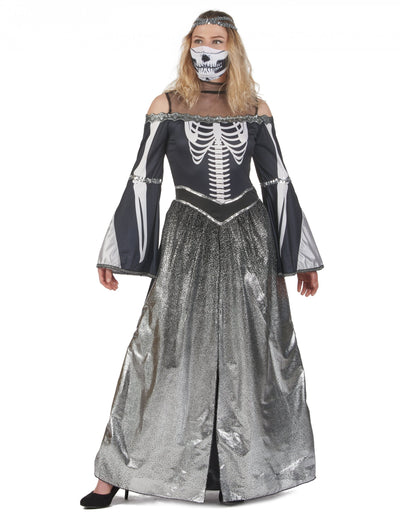 Déguisement princesse squelette pour femme noir et argent brillant avec masque