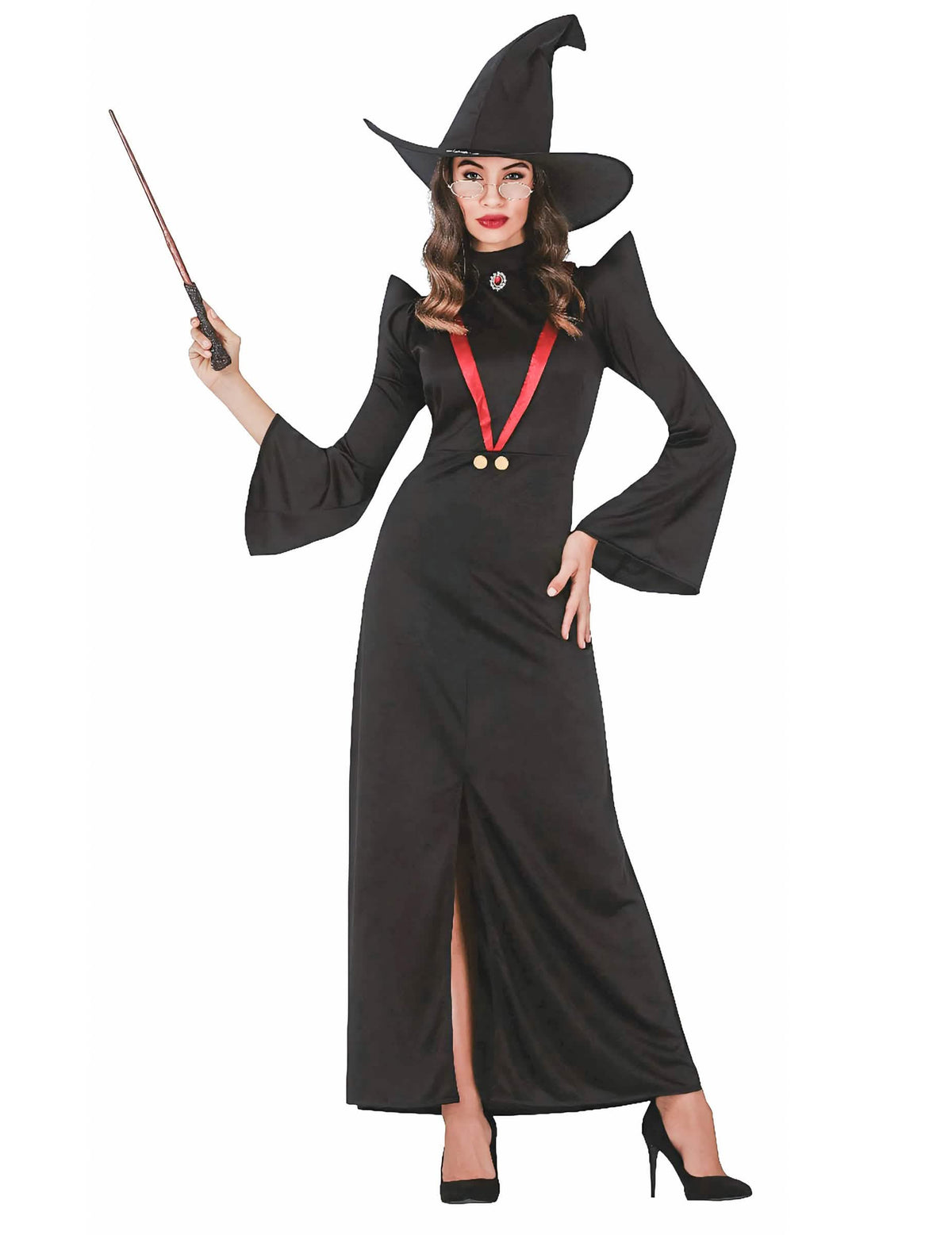Déguisement professeur de magie pour femme noir avec chapeau et baguette