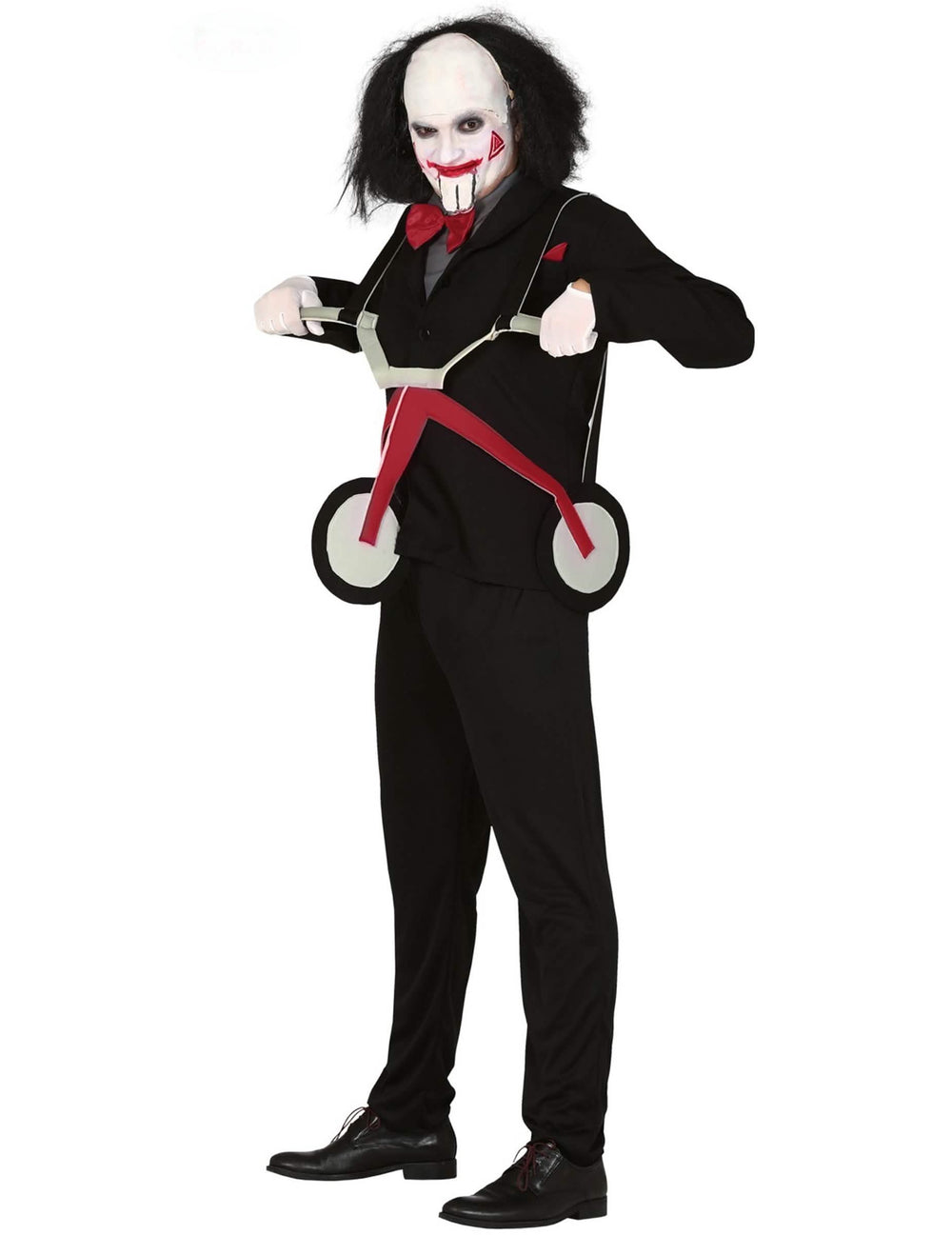Déguisement de psychopathe tricycle pour homme noir avec masque blanc et tricycle rouge