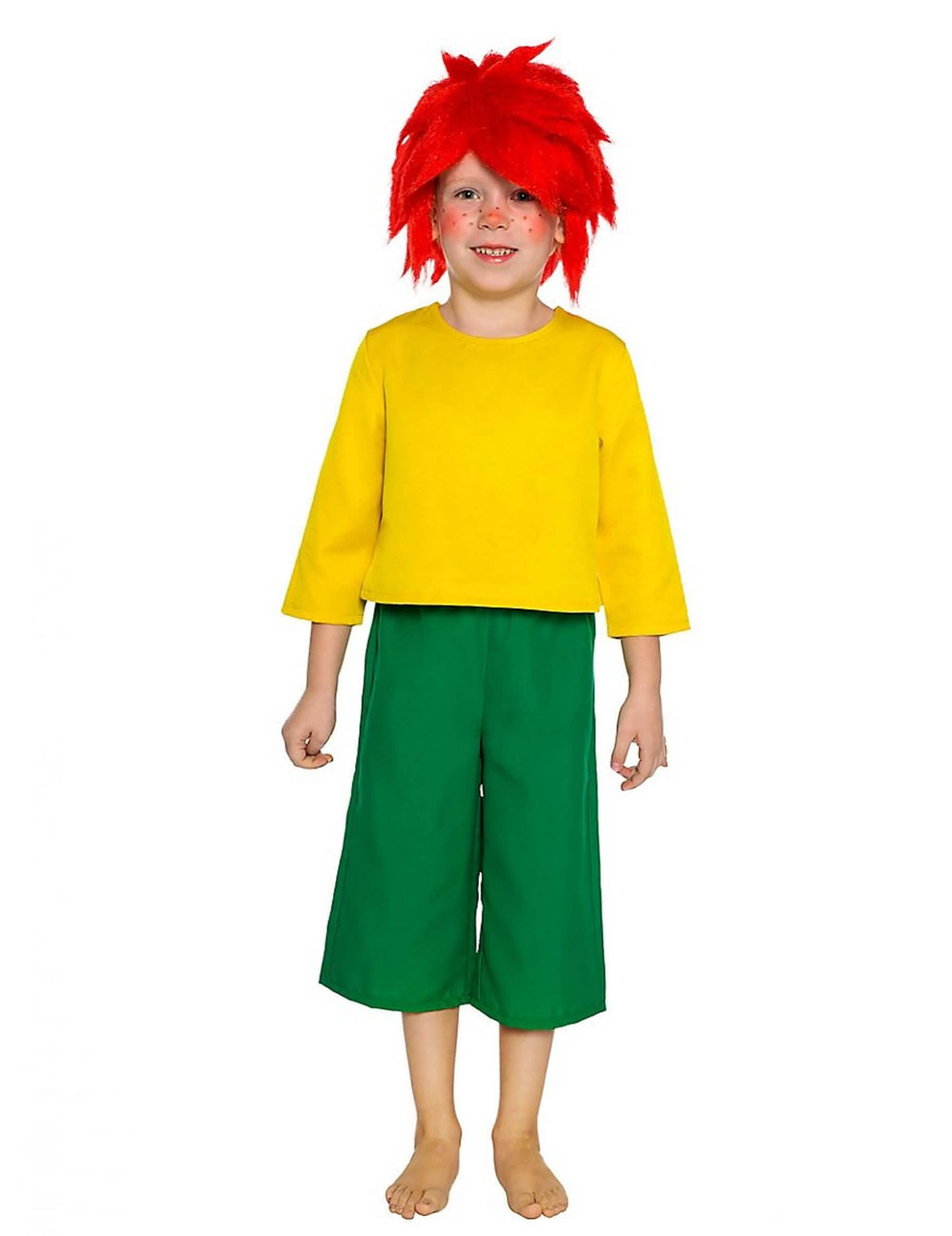 Pumuckl-asu lapset keltaisena ja vihreänä punaisella peruukilla