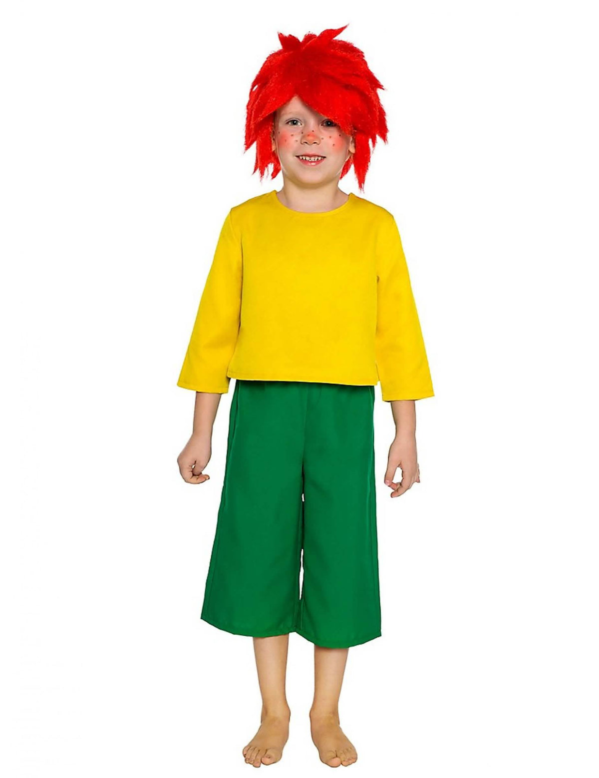 Pumuckl-asu lapset keltaisena ja vihreänä punaisella peruukilla
